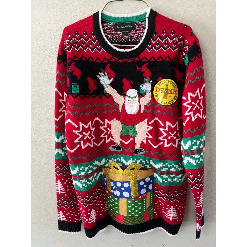 BLIZZARD BAY Ugly Christmas Sweater Gym Santa Drink Pocket Mens S Red Holiday
